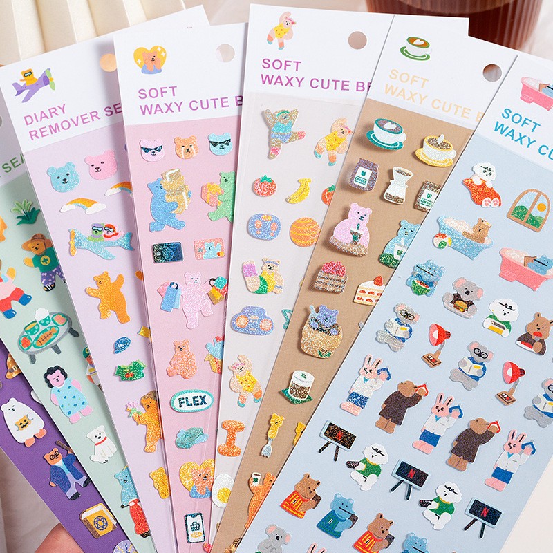 [พร้อมส่ง] สติกเกอร์ Glitter PVC DIY ลาย หมี กระต่าย น่ารัก Waxy Cute Bear Waterproof Sticker ตกแต่งงานฝีมือ กันน้ำ