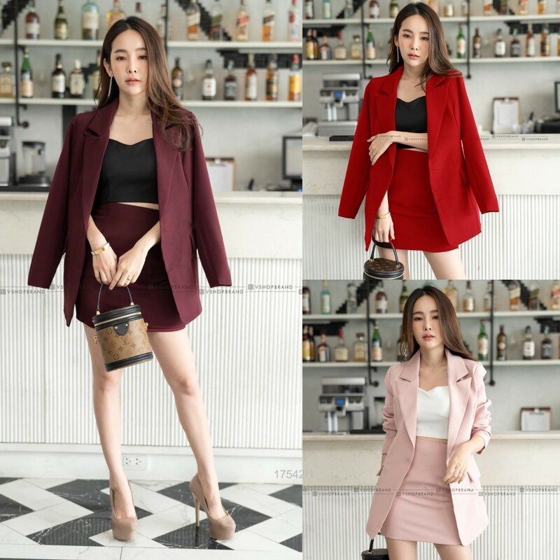 TT17542 Set 3 ชิ้น เสื้อคลุมสูท + เสื้อครอปสายเดี่ยว + กระโปรงทรง A