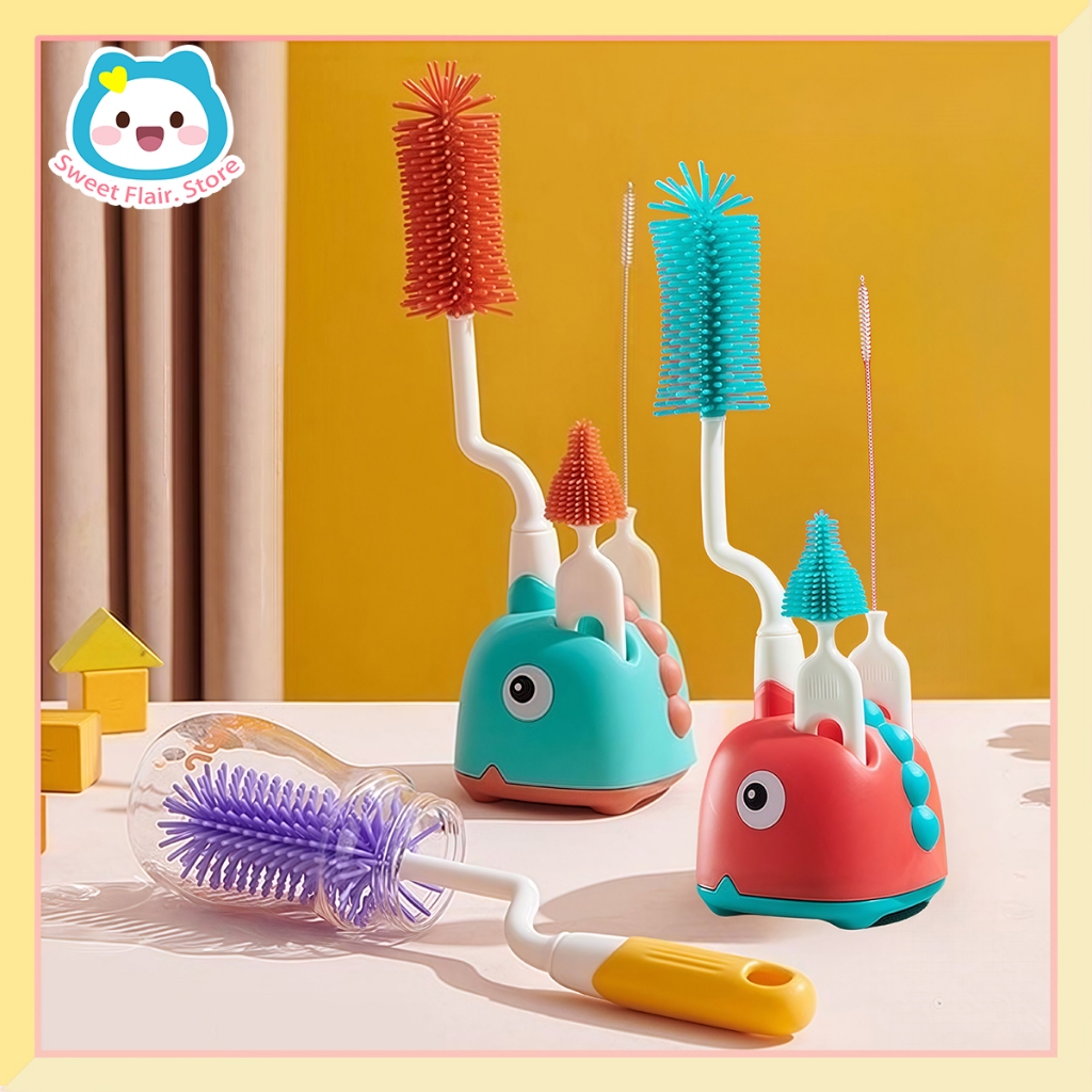 แปรงล้างขวดนม เซ็ท 3 ชิ้น หัวแปรงซิลิโคน พร้อมที่เก็บ อุปกรณ์ล้างขวดนม