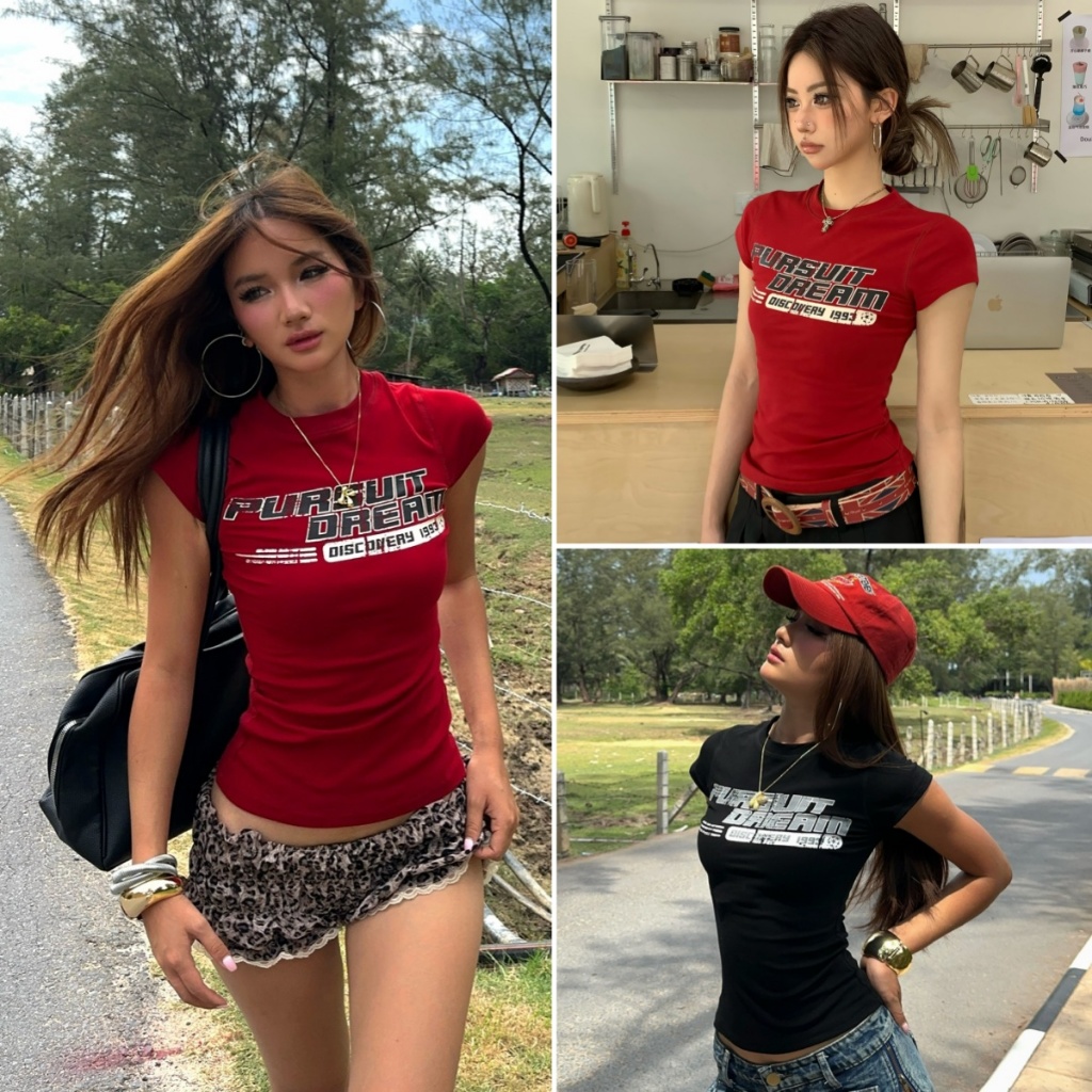 cherryshop พร้อมส่ง เสื้อยืดแขนสั้นพิมพ์ลายตัวอักษรสไตล์อเมริกันย้อนยุคสำหรับผู้หญิงในช่วงฤดูร้อน คอกลม สไตล์สลิมฟิต