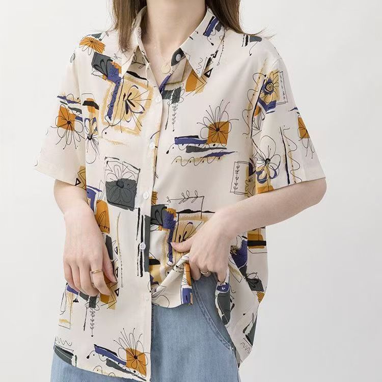 cupandy  เสื้อเชิ้ตลายดอกไม้สำหรับผู้หญิง T-shirt สั้นทรงหลวมดีไซน์ใหม่สำหรับผู้หญิง  เสื้อแฟชั่นผู้หญิง