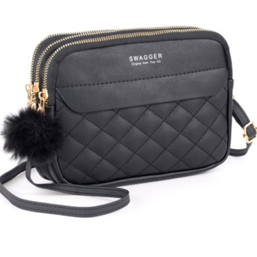 กระเป๋าสตางค์ ใบใหญ่ สะพายได้ 3 ซิป แต่งขนปอม ปอม (GC-075)