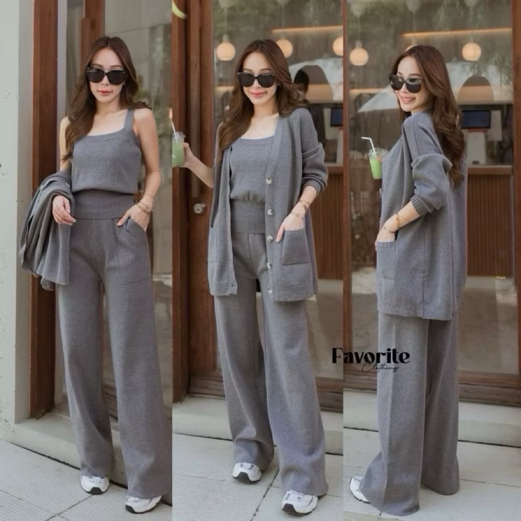 🌈🌿🌺🌼🌸🩶🧡🇰🇷Knit 3Pcs SGL Top&Cardigan Long Sleeve &Long Pant Set