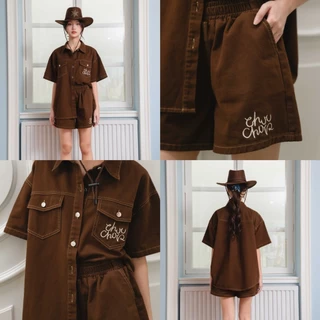 CHUUCHOP - (M-XL) Redvelvet denim set ชุดเซ็ทยีนส์ เสื้อแขนสั้นเเละกางเกงขาสั้นยีนส์ ได้สองชิ้น (C8320