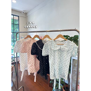 (Shopee video & live มีส่วนลด) พร้อมส่งครบสี✅เสื้อลายจุดสุดฮิต ตัวปกเป็นทรงคอบัวแต่งลูกไม้ ตัวเสื้อเป็นแบบผูกหลัง(36-48)