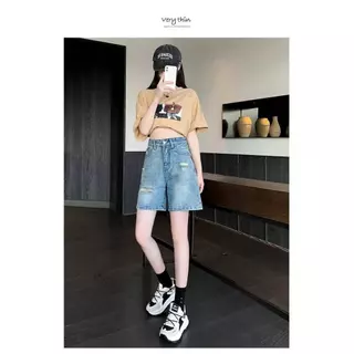กางเกงยีนส์สามส่วน SIZE S-3XL เอวสม็อคปรับกระดุก