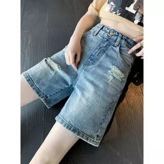 กางเกงยีนส์สามส่วน SIZE S-3XL เอวสม็อคปรับกระดุก