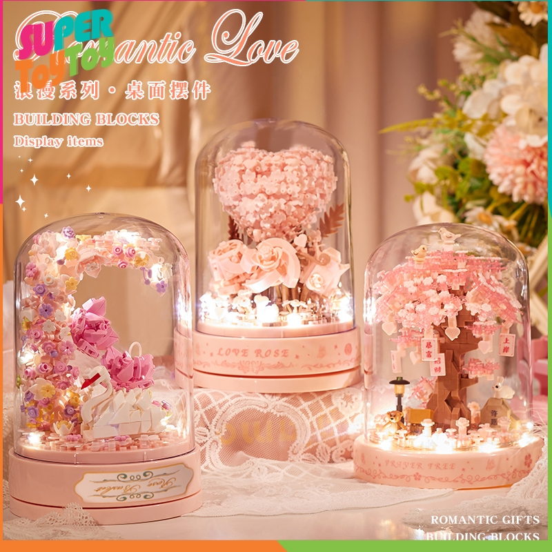 กล่องดนตรี ตัวต่อดอกไม้ มีไฟ กล่องดนตรีไขลาน ช่อดอกไม้ DIY ตัวต่อของเล่น ของขวัญวันเกิด
