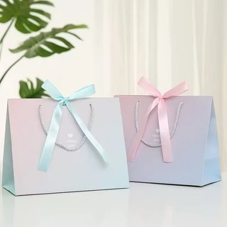 💐DIY💐ถุงกระดาษ ถุงของขวัญ โทนสีผสมชมพู-ฟ้า พร้อมโบว์ผูก S M L XL