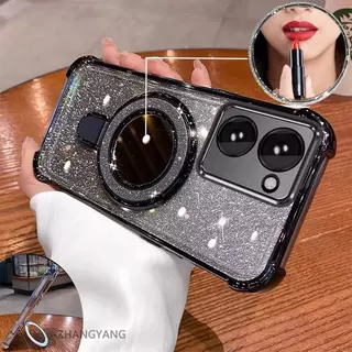 เคสขอบสี กากเพชร สำหรับ Vivo Y03 Y03T Y28S Y18 Y28 4Gกระจก แต่งหน้า ตั้งได้ กันกระแทก