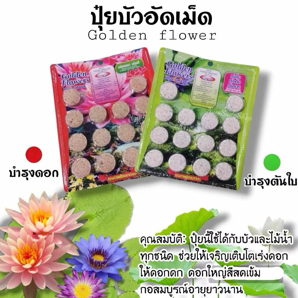 ปุ๋ยบัว ปุ๋ยบอนสี ปุ๋ยไม้น้ำ Golden Flowers 14 เม็ด มี 2 สูตร สูตรเร่งต้น และเร่งดอก #ปุ๋ยบัว