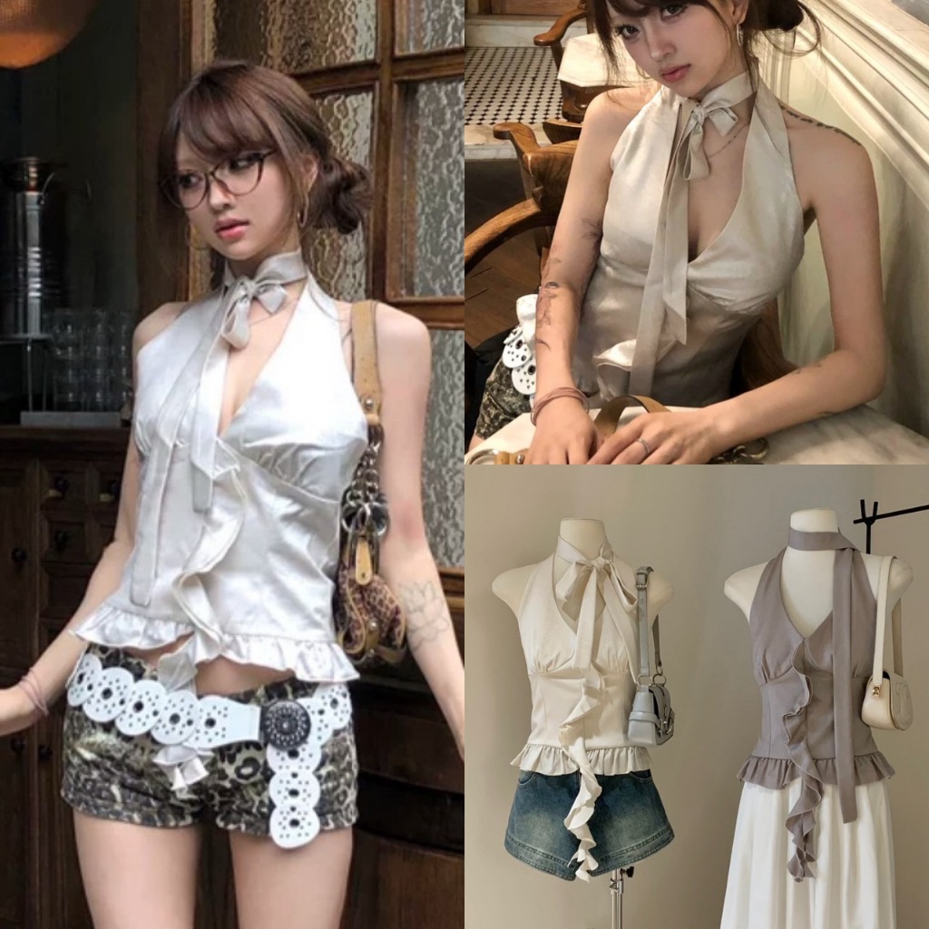 🧡🧵 🇰🇷 W5430 เสื้อแขนกุด คอวี แต่งผ้าปลายเสื้อ เนื้อผ้ามีเทจเจอร์ แฟชั่นเกาหลี TAG WG.WE 🧵🧡