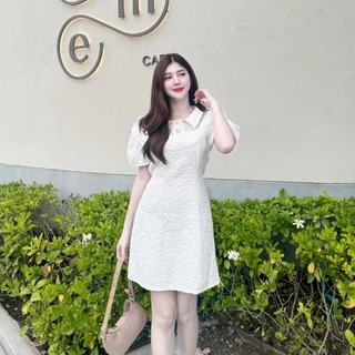 สินค้าพร้อมส่ง เดรสผ้าลัคชู ใส่ออกงาน งานบุญ งานบวช แขนตุ๊กตา คอปก กระดุมมุกแต่งระบายอกผ้าซีฟองพร้อมสายผูกเอว A1969