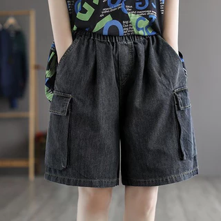 กางเกงยีนส์คาร์โก้สามส่วน S-10XL เอวสม็อคทรงหลวมพลัสไซส์ ใส่ได้ทั้งผู้หญิงผู้ชาย