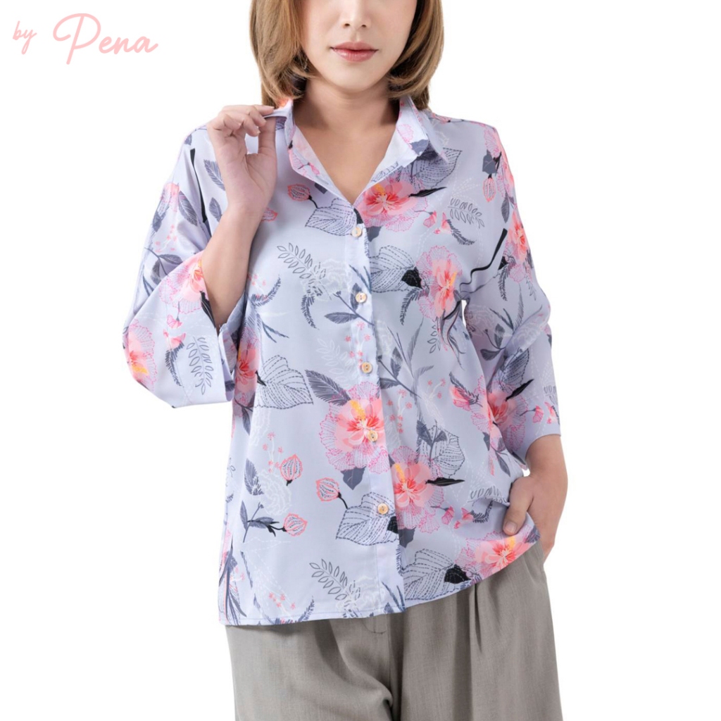 By Pena เสื้อเบลาส์ คอปเชิ๊ต สำหรับผู้หญิง แขนสามส่วน BPSL052503
