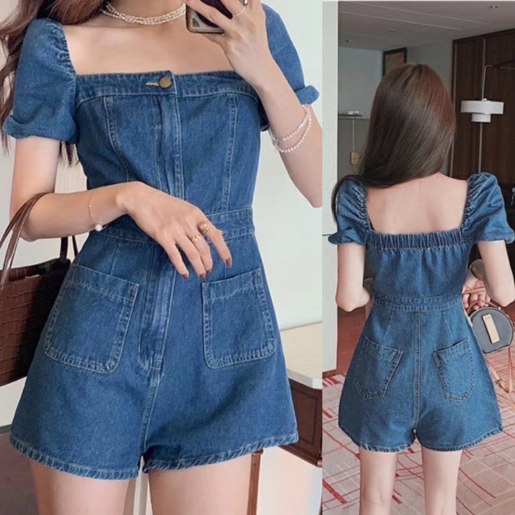 S-XXL ชุดผ้ายีนส์ คอเหลี่ยม แขนพัฟ #9010