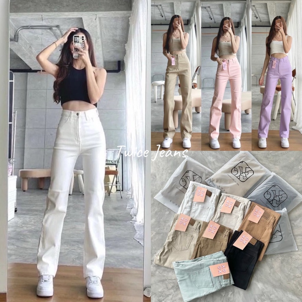 Twicejeans กางเกงยีนส์ ทรงกระบอกตรง ผ้ายืดนิ่ม สไตล์สาวเกาหลี