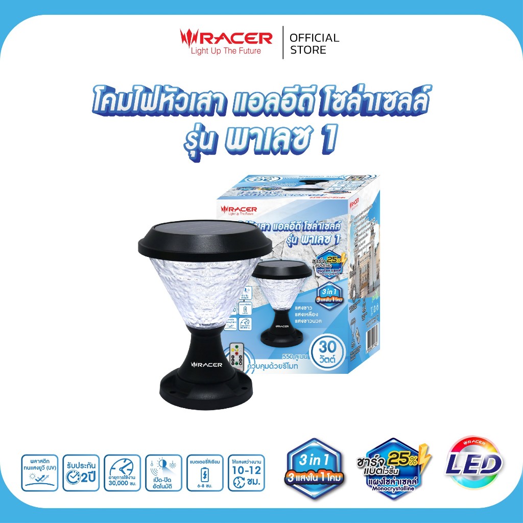 Racer LED SOLAR POSTTOP 30W  IP65 โคมไฟหัวเสา โซล่าเซลล์