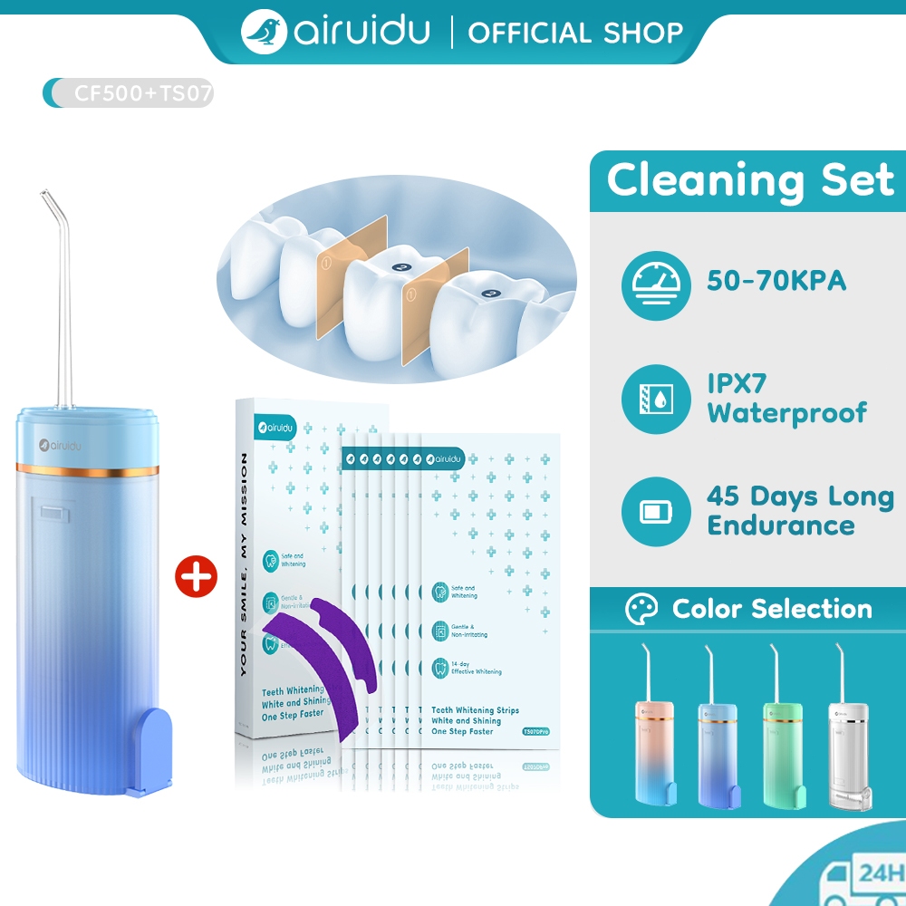 Airuidu CF500+TS07Pro Set Water Flosser 160ml ไหมขัดฟันพลังน้ำ & Teeth Whitening Strips (7คู่/14ชิ้น) Cavity Care