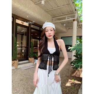 BY IRA 🏝️พร้อมส่ง🏝️ เสื้อกล้ามถักไหมพรม สีพื้น ดีเทลแหวกหน้า เชือกมัดโบว์ด้านหน้า แฟชั่นฤดูร้อน สําหรับผู้หญิง