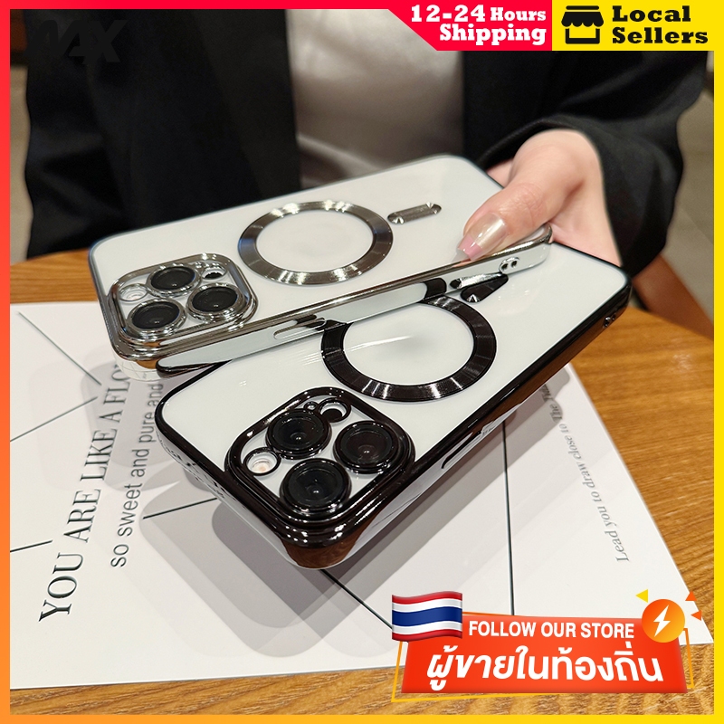 เคสชาร์จไร้สายขอบเงาพร้อมเลนส์กันกล้องในตัวสำหรับ ไอโฟน15 pro max 11 12 12pro 12proMax 13 13pro 13proMax 14promax i15