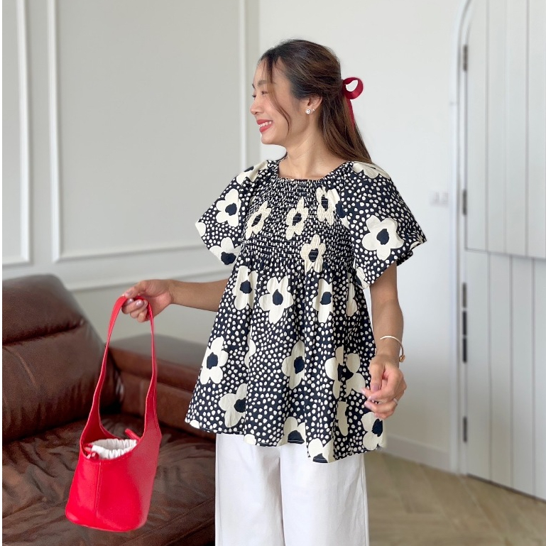 CHAWY Gingham puff shirt ✨🥐 C3908 เสื้อแขนพอง เสื้อแขนตุ๊กตา