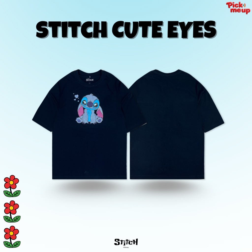 Pick Me Up เสื้อยืดพิมพ์ลาย Stitch Cute Eyes สีกรม ลิขสิทธิ์ Disney