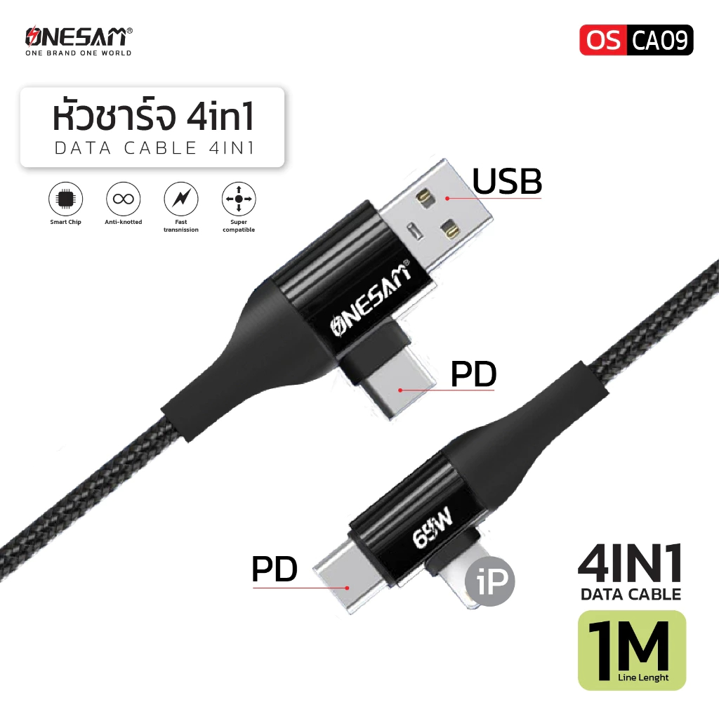 ONESAM สายชาร์จและถ่ายโอนข้อมูล รุ่น OS-CA09 แบบ 4in1 IP/Micro/Type-C 120W ยาว 1.2 ม. ของแท้ 100% รับประกัน 1 ปี - รูปที่ 2