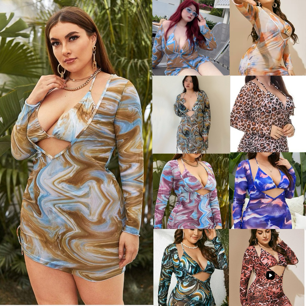 ชุดว่ายน้ำ สาวอวบ/สาวอ้วน 0xl-4xl ทรงเดรสยาวแขนยาว ผ้าพิมลายกราฟฟิค
