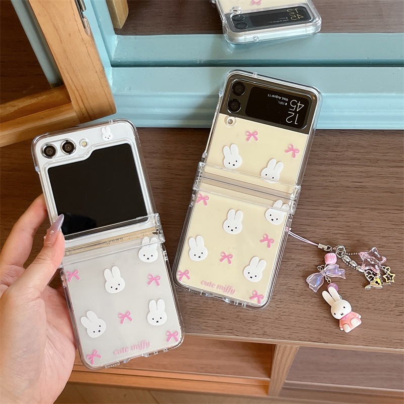 พร้อมส่งจากไทย ! เคสฟลิปใสลายกระต่ายโบว์มินิมอล พร้อมสายคล้องมือ (2033) for Samsung Galaxy Z Flip7 Flip6 Flip5 Flip4/3