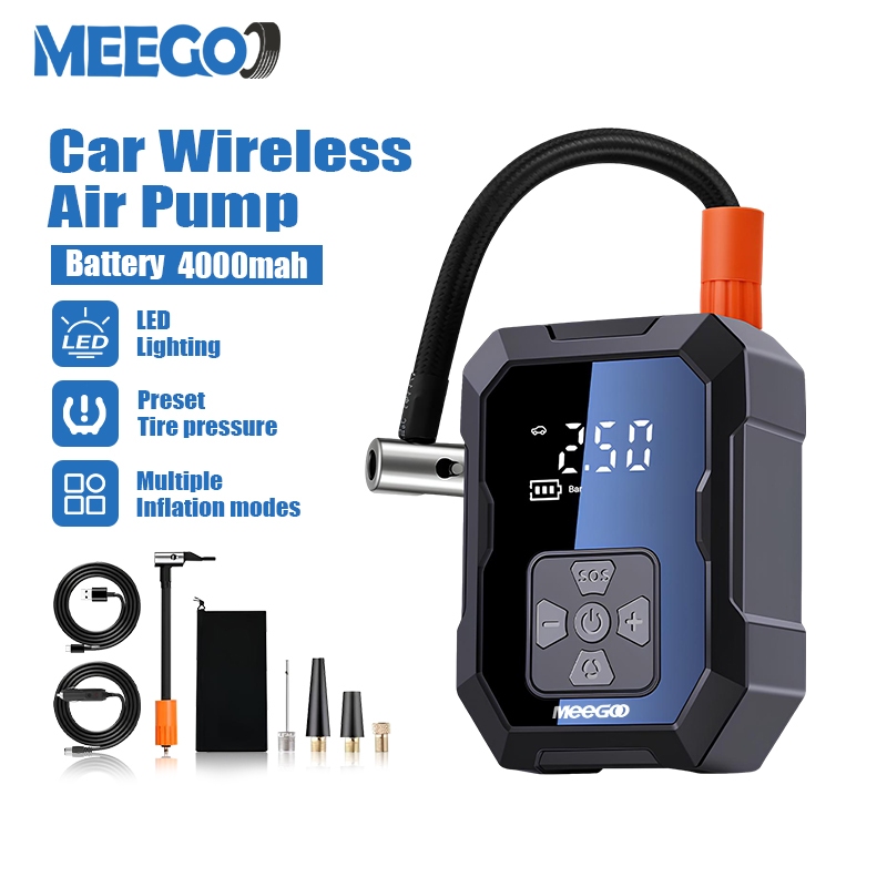 MeeGoo เครื่องปั๊มลมรถยน ไร้สายในรถยนต์ 4000mah เครื่องปั๊มลมแบบพกพา จอ LED ที่สูบลมรถยน