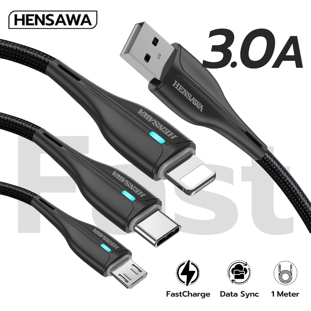 Hensawa สายชาร์จเร็ว 3A USB to Micro Type-c 1m หนาพิเศษ รุ่น US3098 สายPVC สีดำ 1 เมตร ทนทาน Fast Charge Cable & Sync