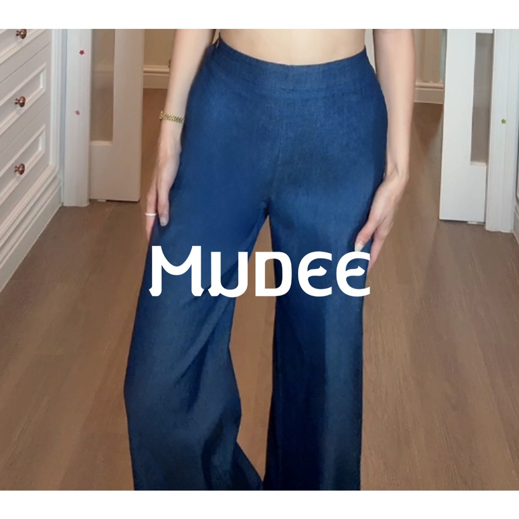 กางเกงขายาวเอวยางยืดด้านหลัง ผ้าคอตตอนยีนส์ Denim Stretched Back Wide-Leg Long Pants
