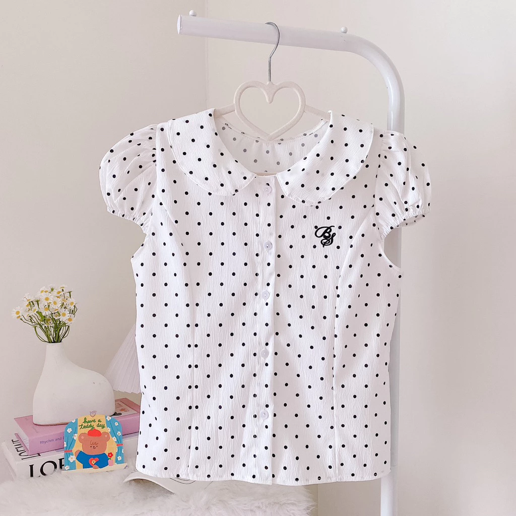 ☁️🖤#เสื้อPolka dot ☁️🖤 #เสื้อคอบัว แขนตุ๊กตา #ลายจุด น่ารัก