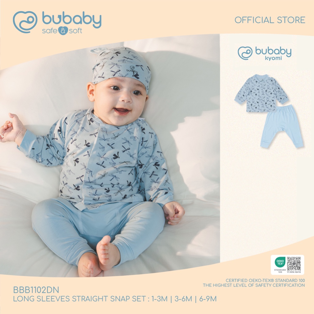Bubaby เซ็ทชุดใยไผ่แขนยาวขายาวลายแมลงปอ (1-9M) Long Sleeves straight snap set BBB1102DN
