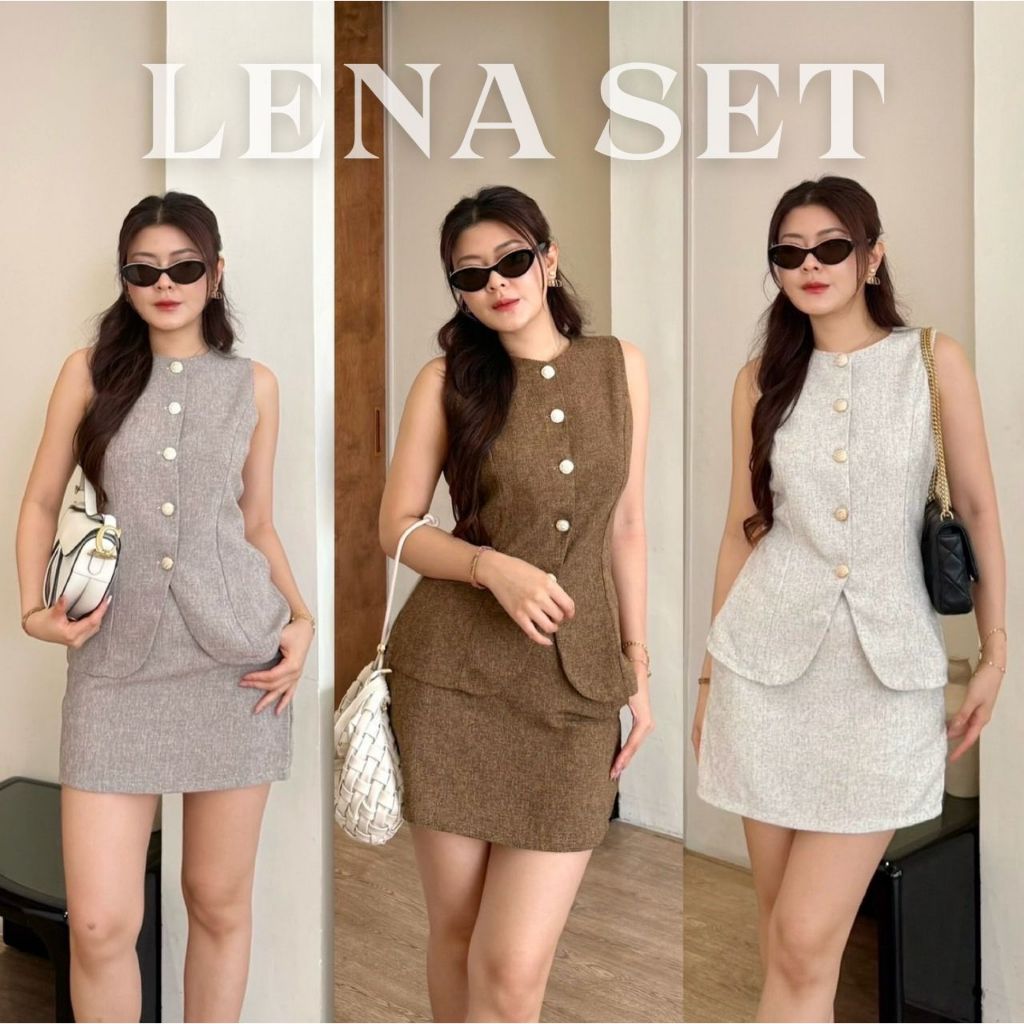 Lena:: ชุดเซ็ท 2 ชิ้นกะโปรงสั้นผ้าทวิต ชุดเซ็ทกระโปรง เสื้อแขนกุดตัวยาวคอกลมแต่งกระดุมทอง เรียบหรู ออกงาน BETTY (B014)