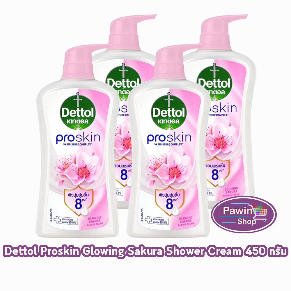 Dettol Proskin Glowing Sakura เดทตอล เจลอาบน้ำ โปรสกิน โกลว์วิ่ง ซากุระ 450 มล. [4 ขวด สีชมพู] KK 4107 ครีมอาบน้ำ