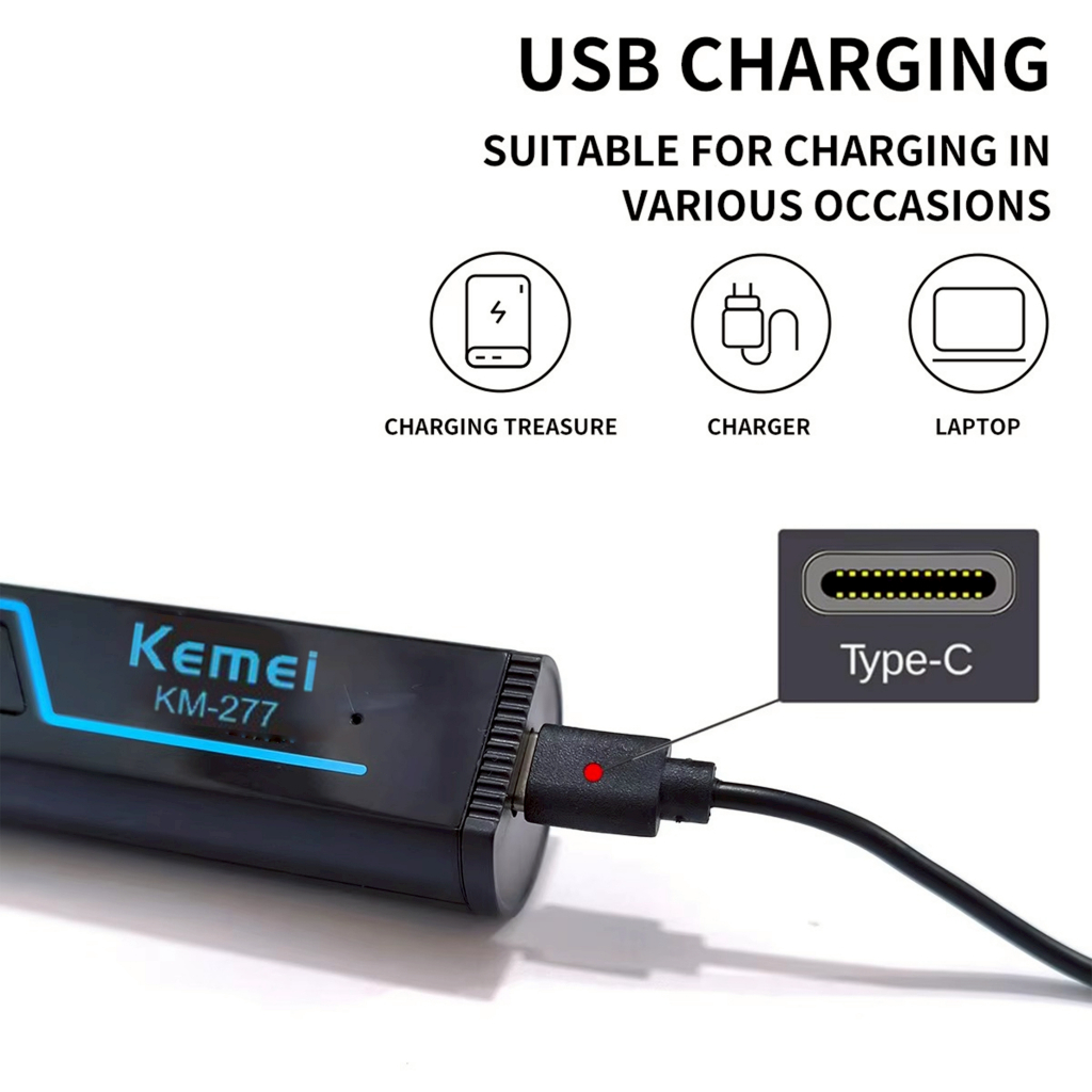 KEMEI KM-277 เครื่องโกนหนวดไฟฟ้า ปัตตาเลี่ยนไร้สาย 3IN1 เครื่องตัดผม โกนหนวด เครา ขนจมูก ชาร์จUSB - รูปที่ 3