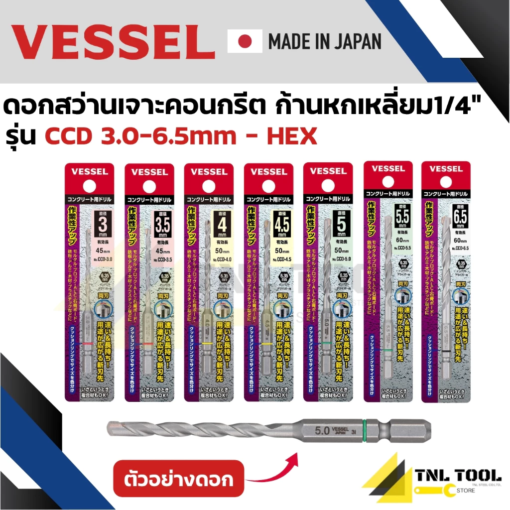 ดอกสว่านเจาะคอนกรีต ก้านหกเหลี่ยม Hex 1/4" [ ราคา ต่อ 1 ชิ้น ] รุ่น CCD VESSEL