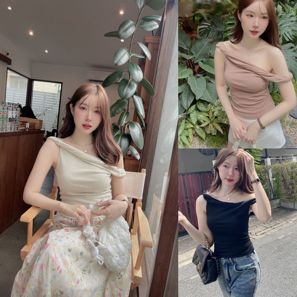 ครีม/น้ำตาล/ดำ SLYQ GLINT TWISTED TOP เสื้อปาดไหล่เดียว ดีเทลม้วน ผ้ายืดนุ่ม เย็บสองชั้น