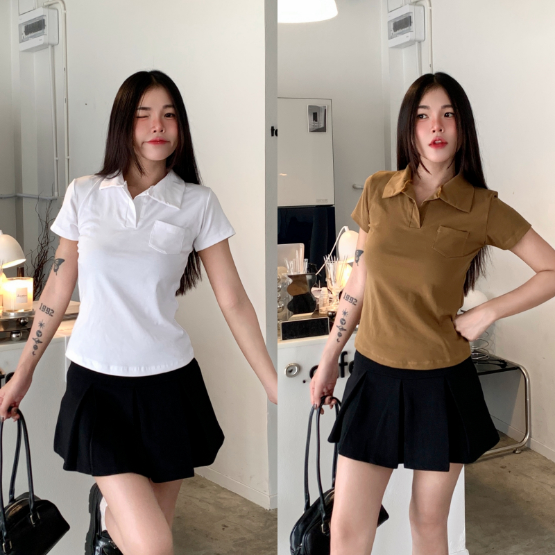 🌈SpinnyHouse🌈เสื้อยืดคอปกโปโล แต่งกระเป๋าช่วงอก กระเป๋าใช้งานได้จริง เสื้อโปโล ผ้ายืดยูนิ ยืดตามตัว รุ่น ยูนิคอปกเป๋า