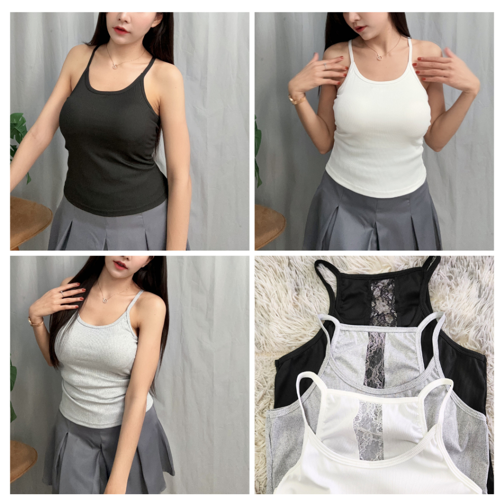 T5# เสื้อสายเดี่ยวผู้หญิง แขนกุด ผ้านิ่ม น่ารัก ประดับลูกไม้ด้านหลัง ขนาด S-3XL ราคา ถูกที่สุด ดีลบีเคเค