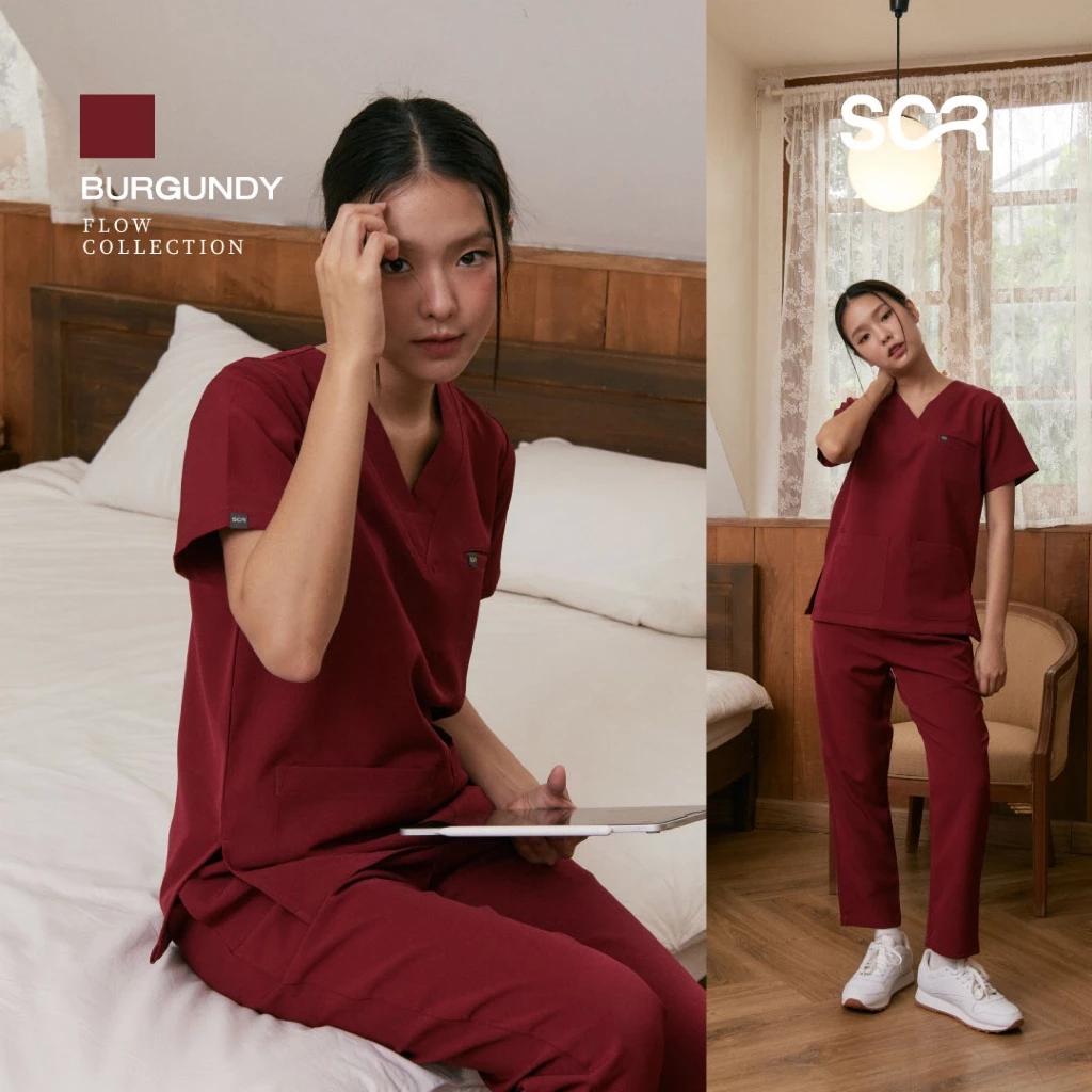 Scrub in | เสื้อ-กางเกงสครับ unisex สี Burgundy รุ่น Flow
