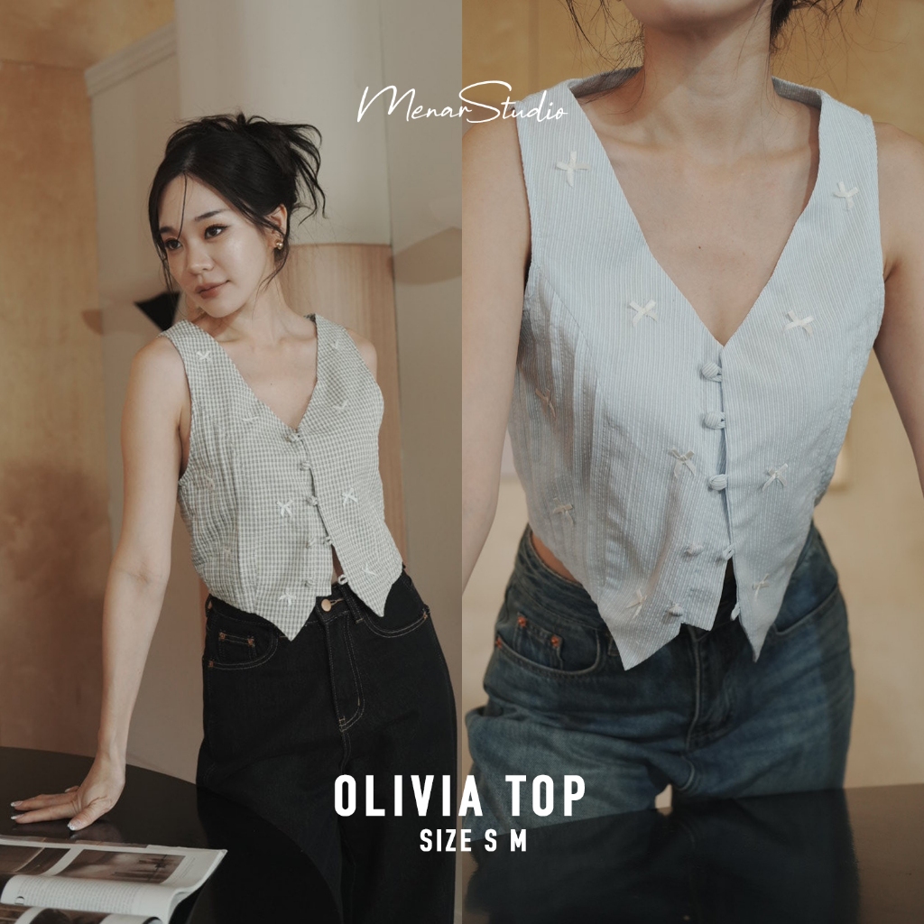 [Olivia Top] เสื้อกั๊กที่น่ารักน่าหยิกที่สุดด ผ้าสุดจะคิ้วท์ตกแต่งเพิ่มด้วยโบจิ๋ว เป็นไอเทมที่แมทช์ได้เยอะ เชียร์มากก