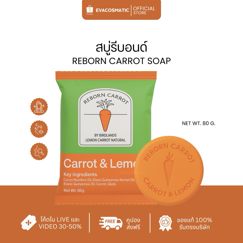 𝙍𝙚𝙗𝙤𝙧𝙣 𝙎𝙤𝙖𝙥 (สบู่รีบอนด์)(ลด100.-ในไลฟ์) ส่งฟรี❗️ก้อนกลมสองสีส้มเขียวมะนาวแครอท