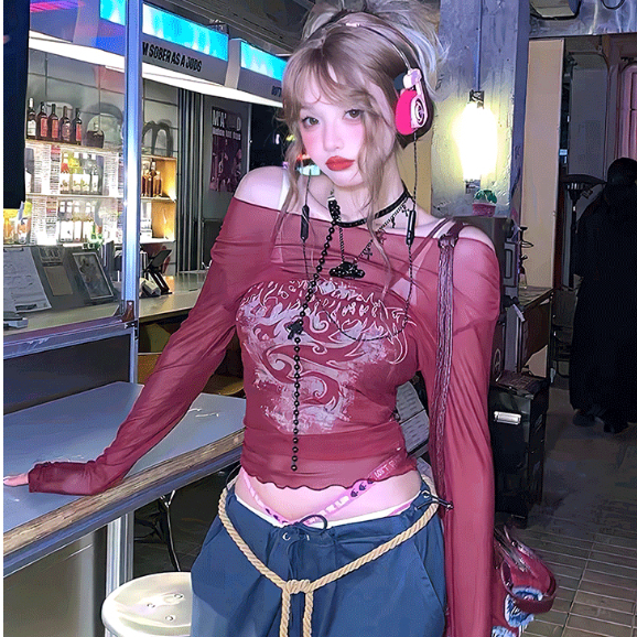 YOYO พร้อมส่ง🐲เสื้อครอป เซ็ต2ชิ้น🐲ซีทรู  พิมพ์ลายมังกร เสื้อปาดไหล่แขนยาว ทรงรัดรูป  แซ่บๆ Y2K  เซ็กซี่ผู้หญิง - รูปที่ 7