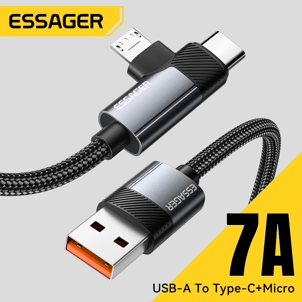 Essager 7A 100W สายเคเบิลข้อมูล USB-A ถึง Type-C+Micro ถ่ายโอนข้อมูลเร็ว 480Mbps for Huawei Samsung