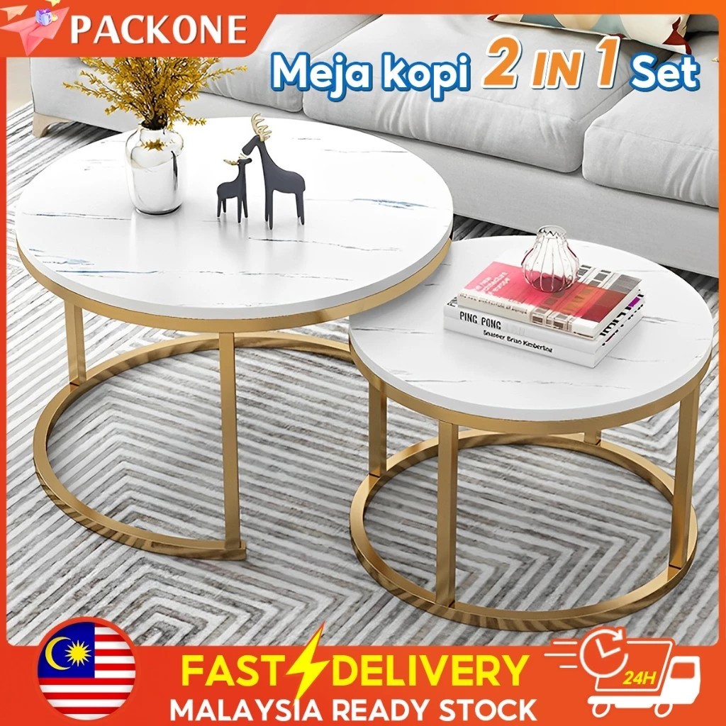 PACKONE 💥2 In 1 Coffee Table Marble Pattern Meja Kopi Set Small Round Table For Living Room 客厅茶几