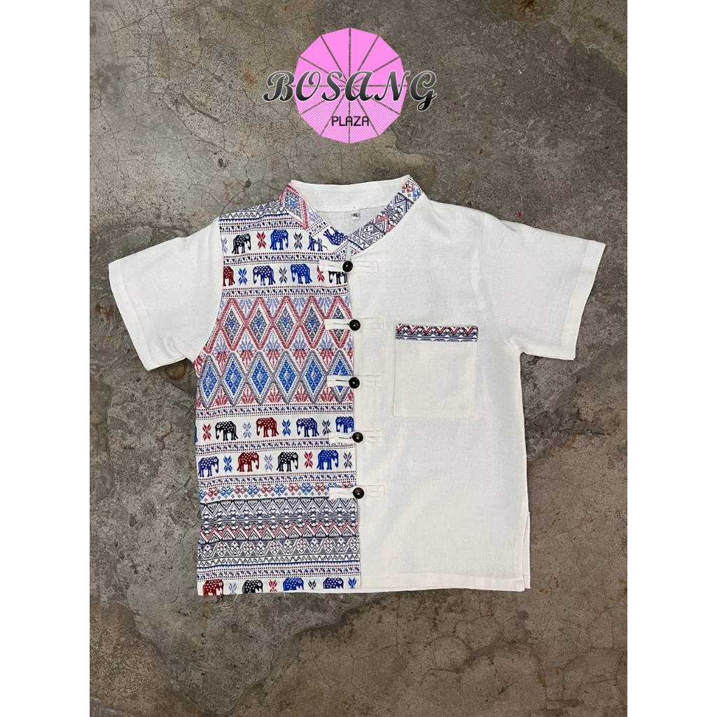 เสื้อเด็กชายไสตล์ล้านนา ผ้าฝ้าย เสื้อสีขาวพิมพ์ลายช้างไทย