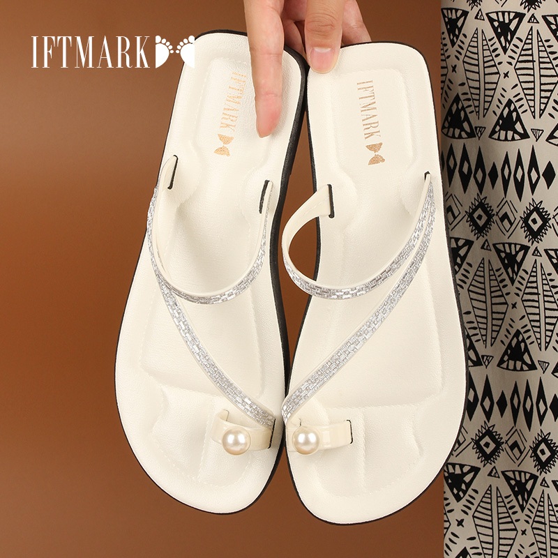 IFTMARK รองเท้าแตะคีบผู้หญิงประดับไข่มุกและเพชร ดีไซน์แฟชั่น พื้นแบน กันลื่น ใส่สบาย มีหลายสี